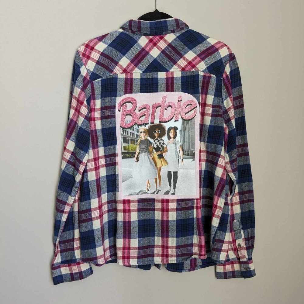 Barbie Glitter Women's Custom Flannel Plaid Button Down Shirt Pink Blue Sz XL
